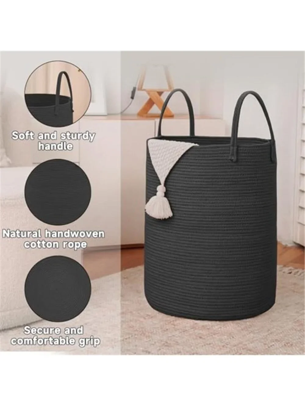 New 60L Cotton Rope Laundry Basket Hamper, Black